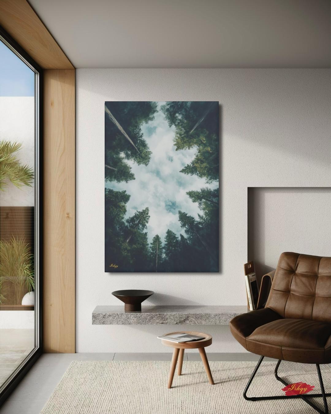 Forest Wall Art, Looking Up Trees Print, Redwood Canopy Canvas, Moody Nature Landscape, Pine Tree Sky View, Large Wall Decor Gift, Cabin Art