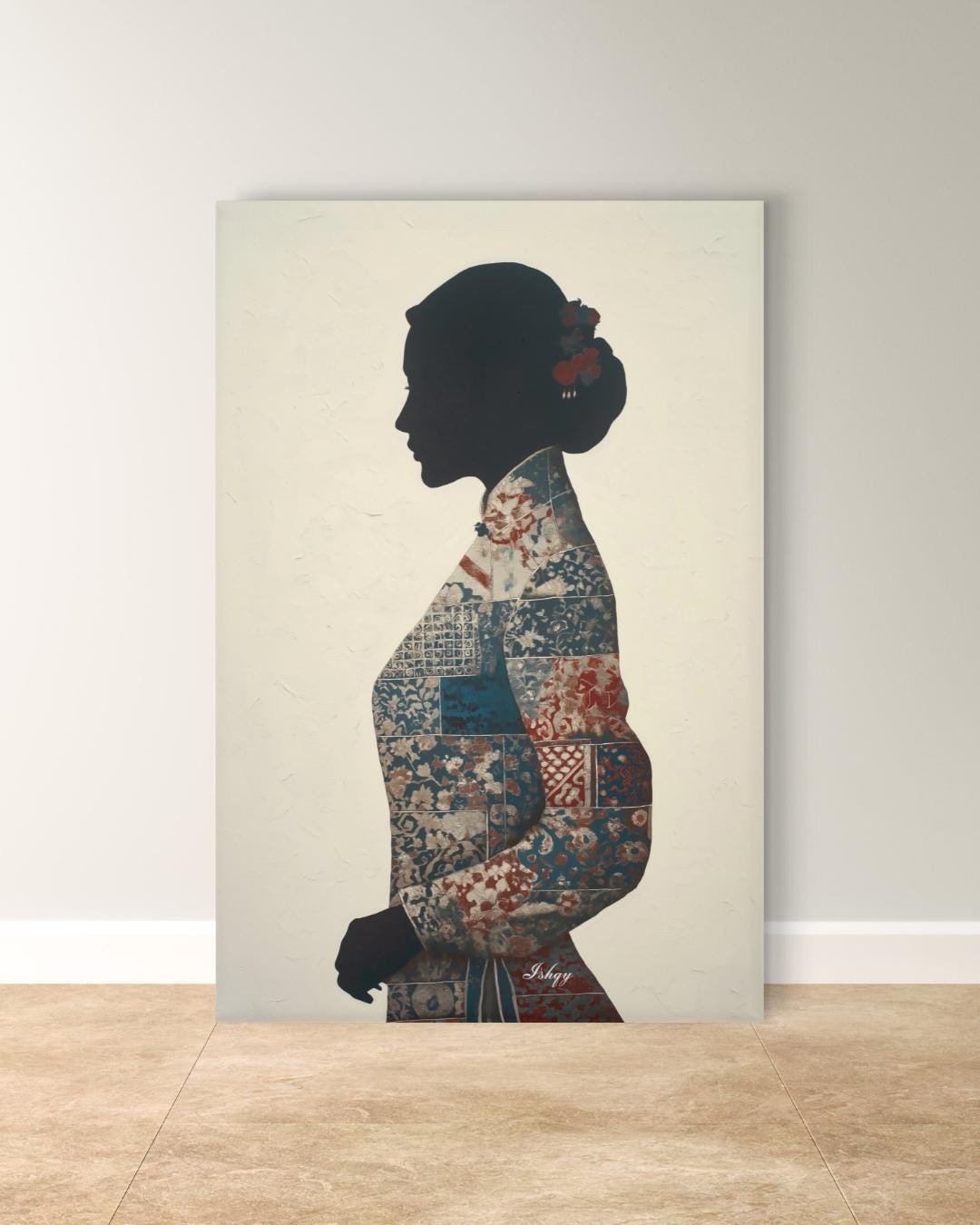 Chinese Woman Wall Art Canvas Print, Asian Silhouette Portrait, Indigo Textile Kimono Style Painting, Minimal Modern Decor, Framed Canvas XL