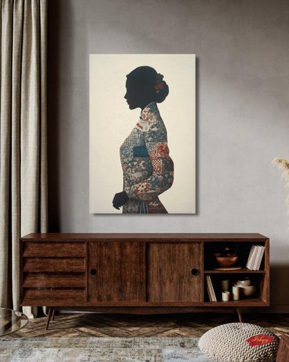 Chinese Woman Wall Art Canvas Print, Asian Silhouette Portrait, Indigo Textile Kimono Style Painting, Minimal Modern Decor, Framed Canvas XL