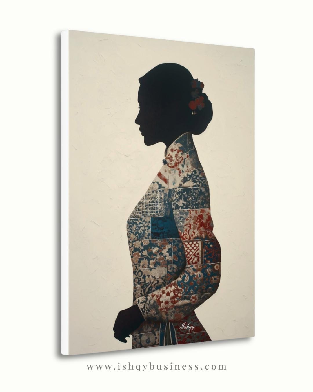 Chinese Woman Wall Art Canvas Print, Asian Silhouette Portrait, Indigo Textile Kimono Style Painting, Minimal Modern Decor, Framed Canvas XL