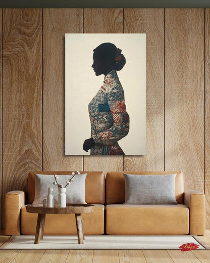 Chinese Woman Wall Art Canvas Print, Asian Silhouette Portrait, Indigo Textile Kimono Style Painting, Minimal Modern Decor, Framed Canvas XL