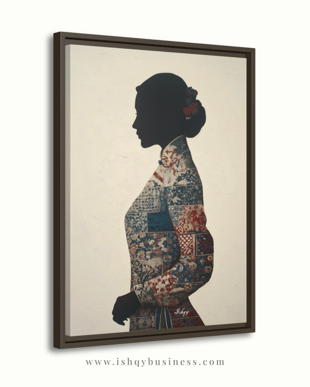 Chinese Woman Wall Art Canvas Print, Asian Silhouette Portrait, Indigo Textile Kimono Style Painting, Minimal Modern Decor, Framed Canvas XL