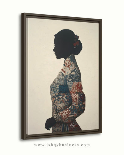 Chinese Woman Wall Art Canvas Print, Asian Silhouette Portrait, Indigo Textile Kimono Style Painting, Minimal Modern Decor, Framed Canvas XL