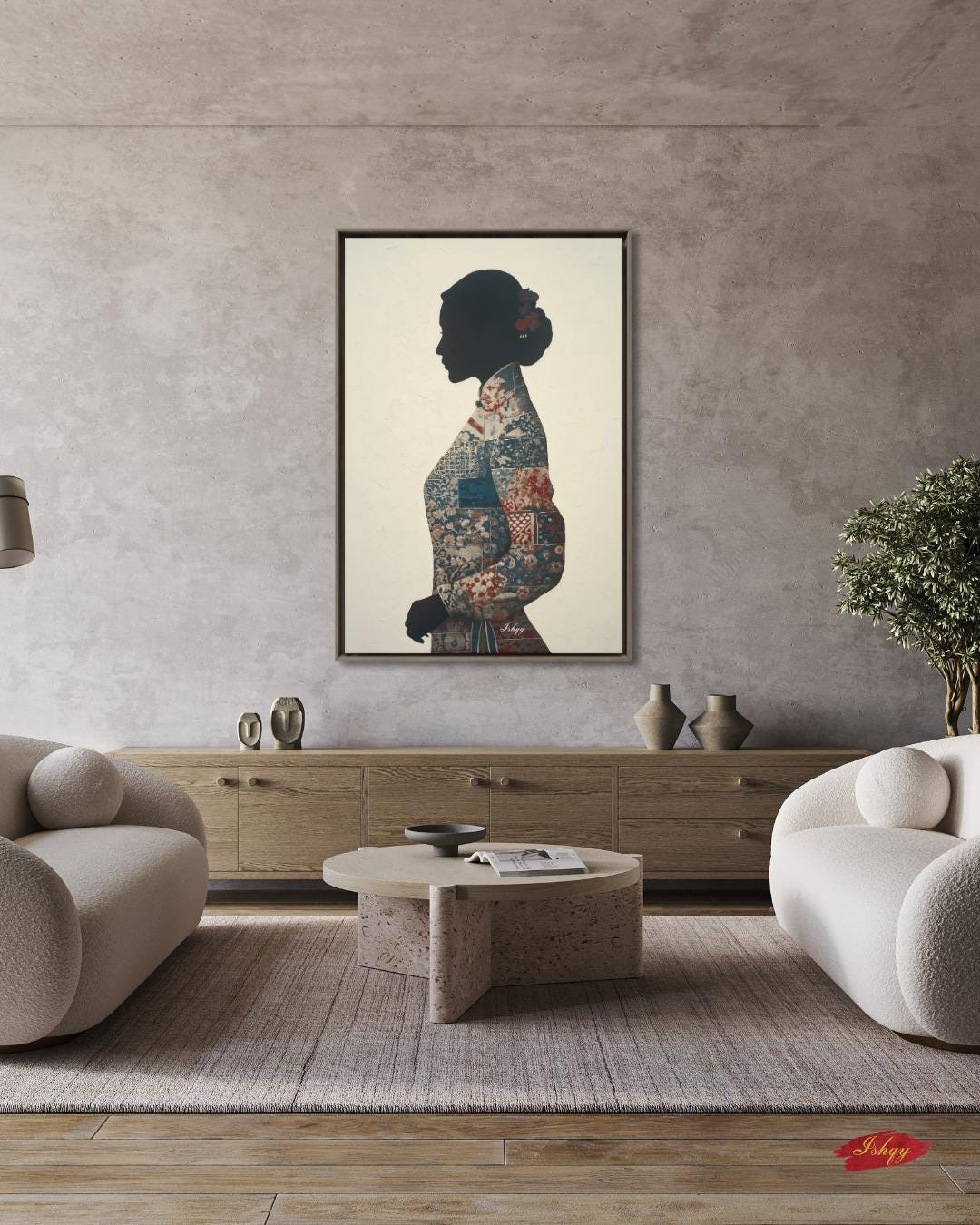 Chinese Woman Wall Art Canvas Print, Asian Silhouette Portrait, Indigo Textile Kimono Style Painting, Minimal Modern Decor, Framed Canvas XL