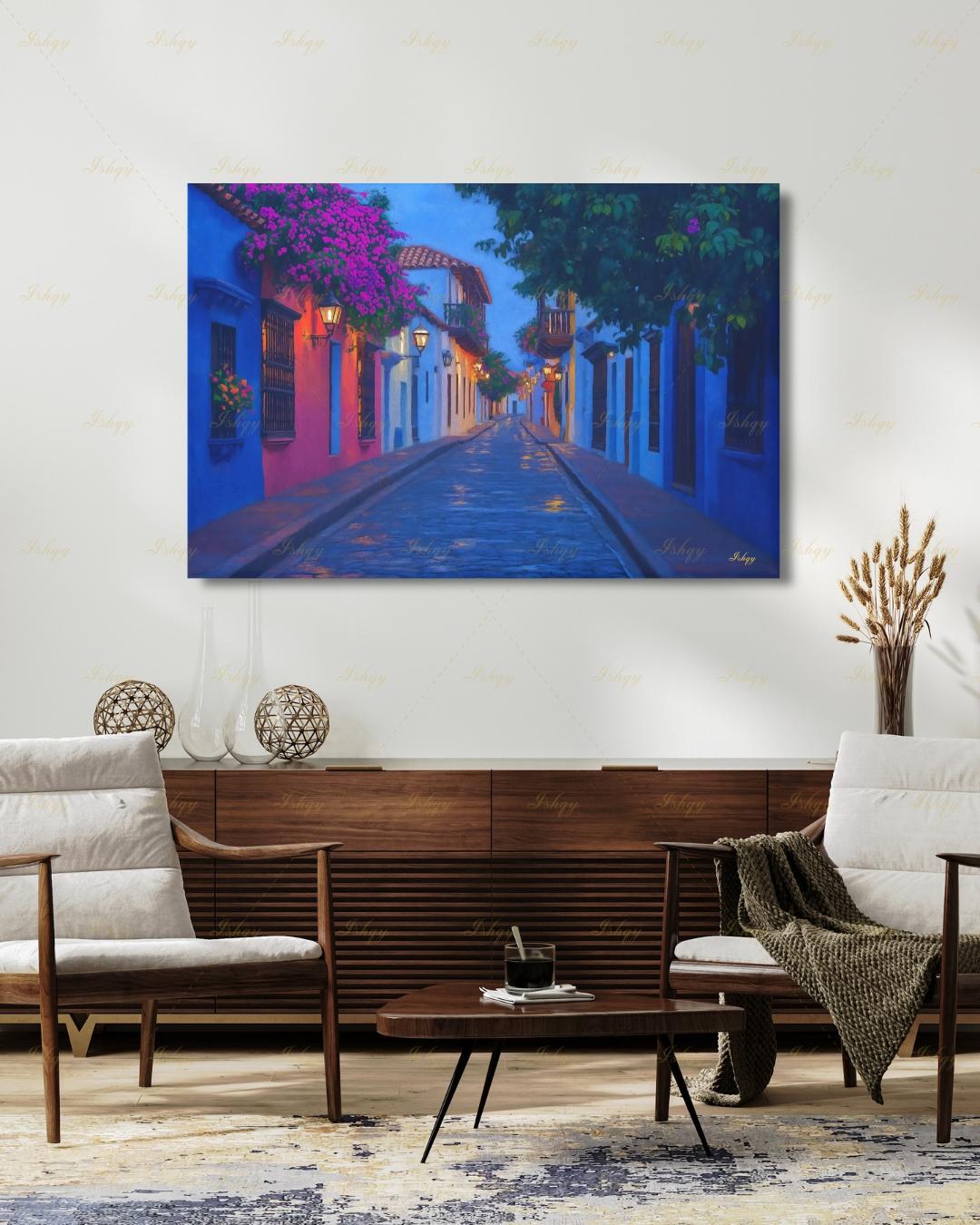 Cartagena Wall Art, Colombia Street Scene Canvas Print, Colorful Colonial Architecture Painting, Latin Travel Decor, Large Living Room Art