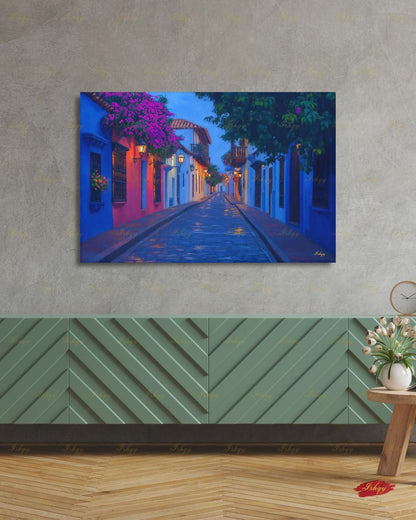 Cartagena Wall Art, Colombia Street Scene Canvas Print, Colorful Colonial Architecture Painting, Latin Travel Decor, Large Living Room Art