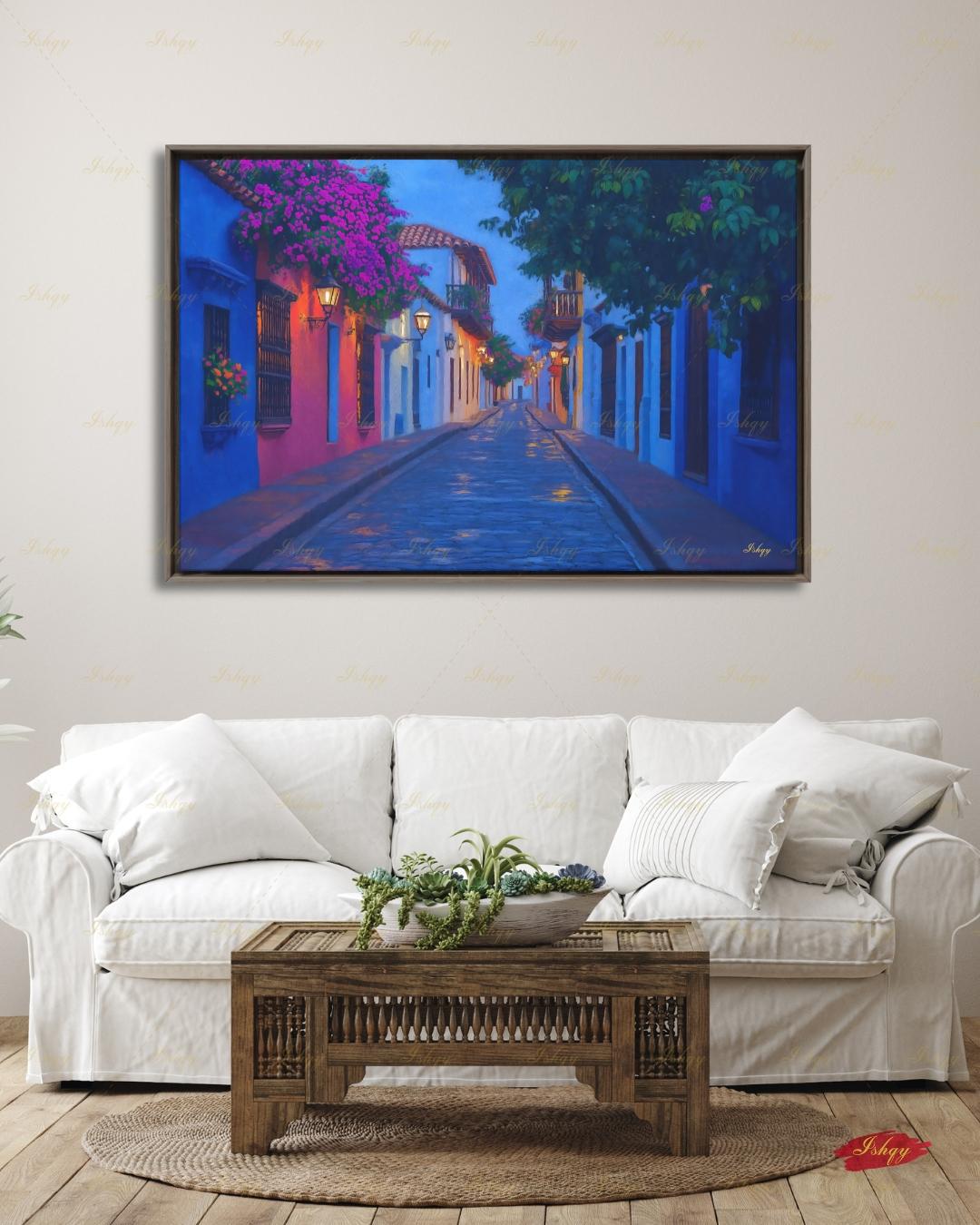 Cartagena Wall Art, Colombia Street Scene Canvas Print, Colorful Colonial Architecture Painting, Latin Travel Decor, Large Living Room Art