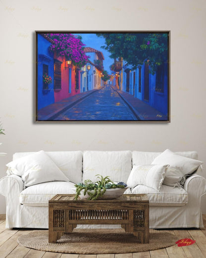 Cartagena Wall Art, Colombia Street Scene Canvas Print, Colorful Colonial Architecture Painting, Latin Travel Decor, Large Living Room Art