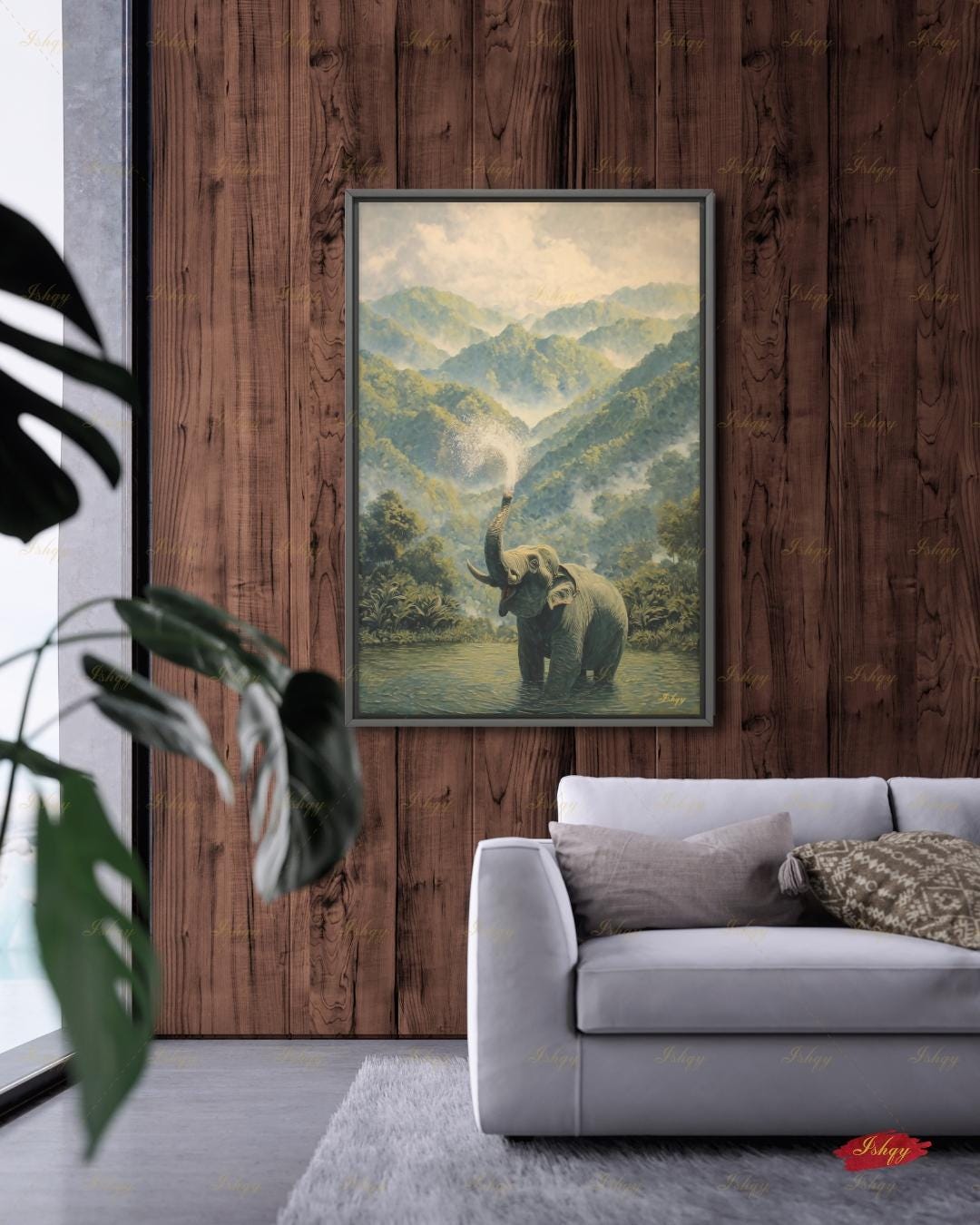 Elephant Wall Art Canvas Print, Misty Jungle Landscape, Tropical Rainforest Wildlife Decor, Safari Nursery Wall Decor, Nature Lover Gift Art