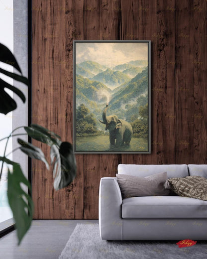 Elephant Wall Art Canvas Print, Misty Jungle Landscape, Tropical Rainforest Wildlife Decor, Safari Nursery Wall Decor, Nature Lover Gift Art