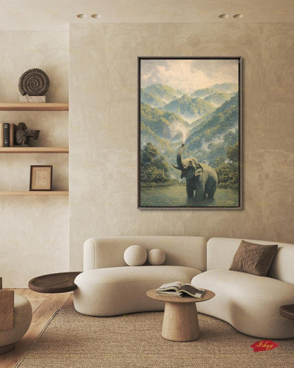Elephant Wall Art Canvas Print, Misty Jungle Landscape, Tropical Rainforest Wildlife Decor, Safari Nursery Wall Decor, Nature Lover Gift Art