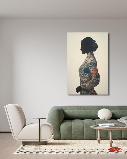 Chinese Woman Wall Art Canvas Print, Asian Silhouette Portrait, Indigo Textile Kimono Style Painting, Minimal Modern Decor, Framed Canvas XL