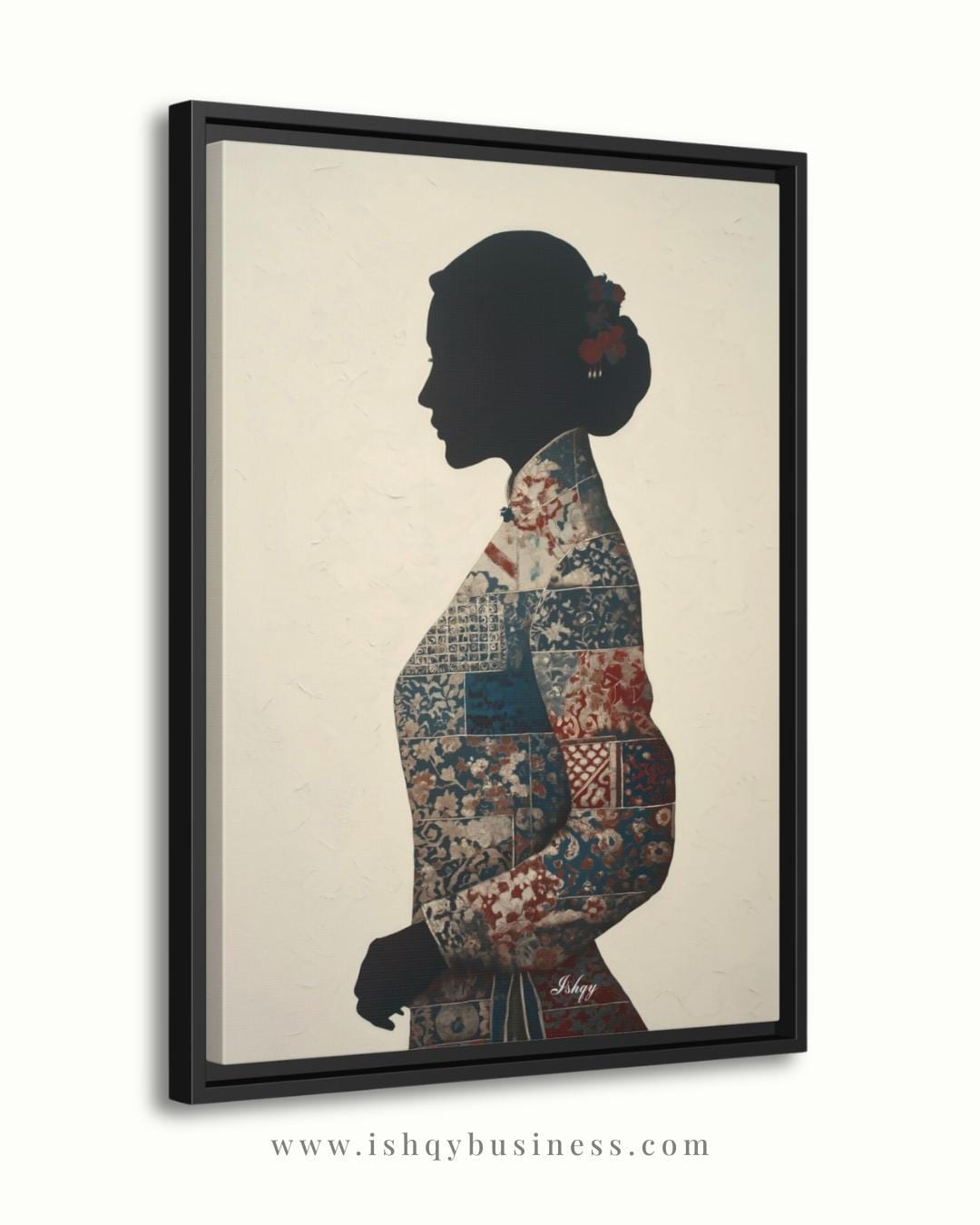 Chinese Woman Wall Art Canvas Print, Asian Silhouette Portrait, Indigo Textile Kimono Style Painting, Minimal Modern Decor, Framed Canvas XL
