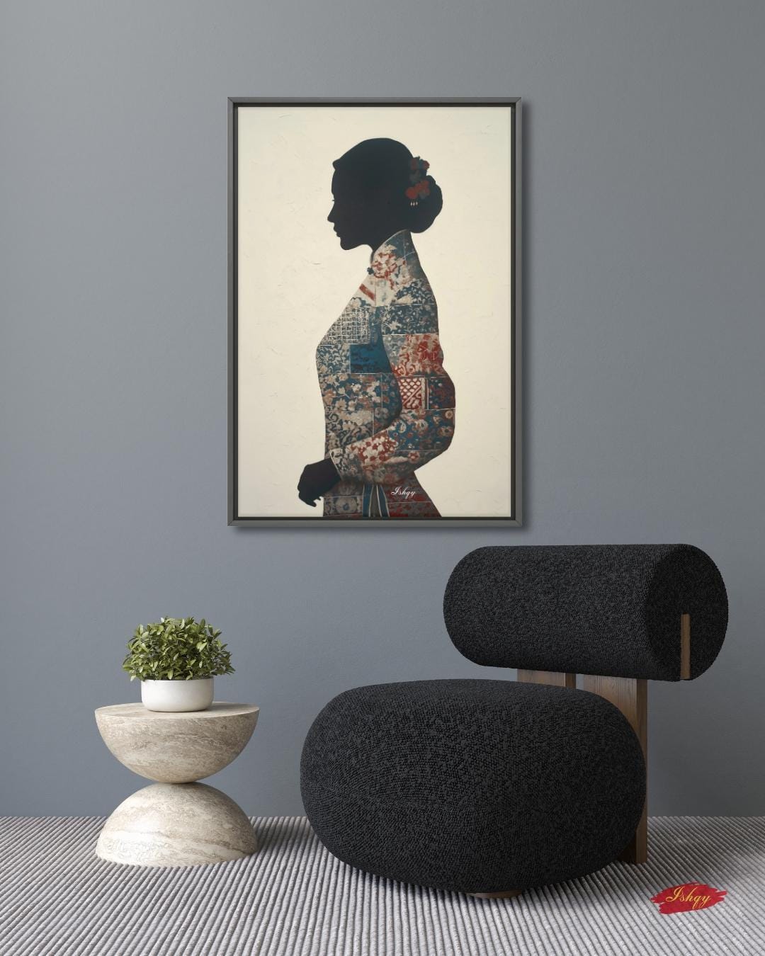 Chinese Woman Wall Art Canvas Print, Asian Silhouette Portrait, Indigo Textile Kimono Style Painting, Minimal Modern Decor, Framed Canvas XL