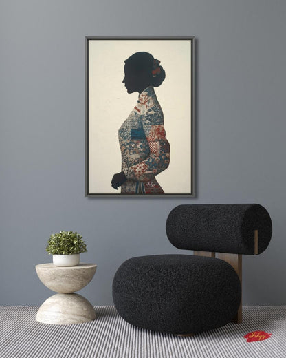 Chinese Woman Wall Art Canvas Print, Asian Silhouette Portrait, Indigo Textile Kimono Style Painting, Minimal Modern Decor, Framed Canvas XL