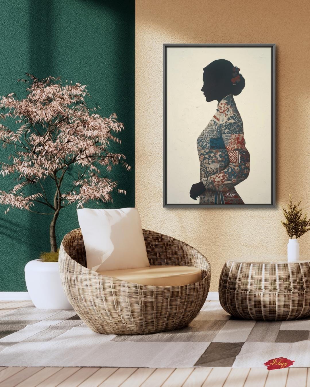 Chinese Woman Wall Art Canvas Print, Asian Silhouette Portrait, Indigo Textile Kimono Style Painting, Minimal Modern Decor, Framed Canvas XL