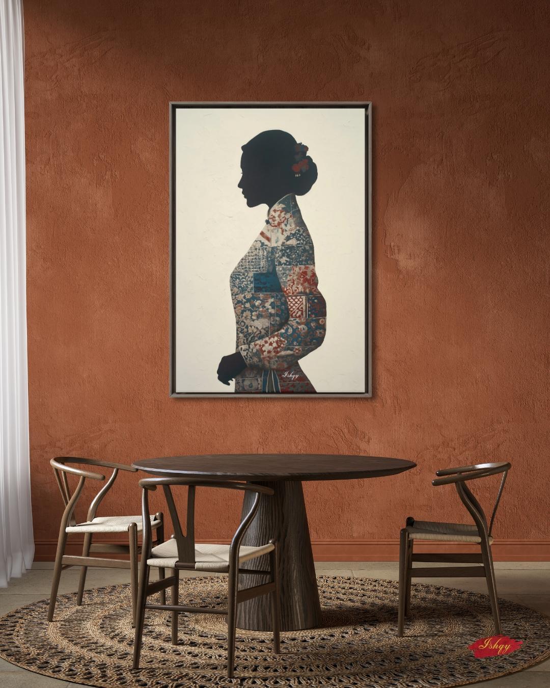 Chinese Woman Wall Art Canvas Print, Asian Silhouette Portrait, Indigo Textile Kimono Style Painting, Minimal Modern Decor, Framed Canvas XL