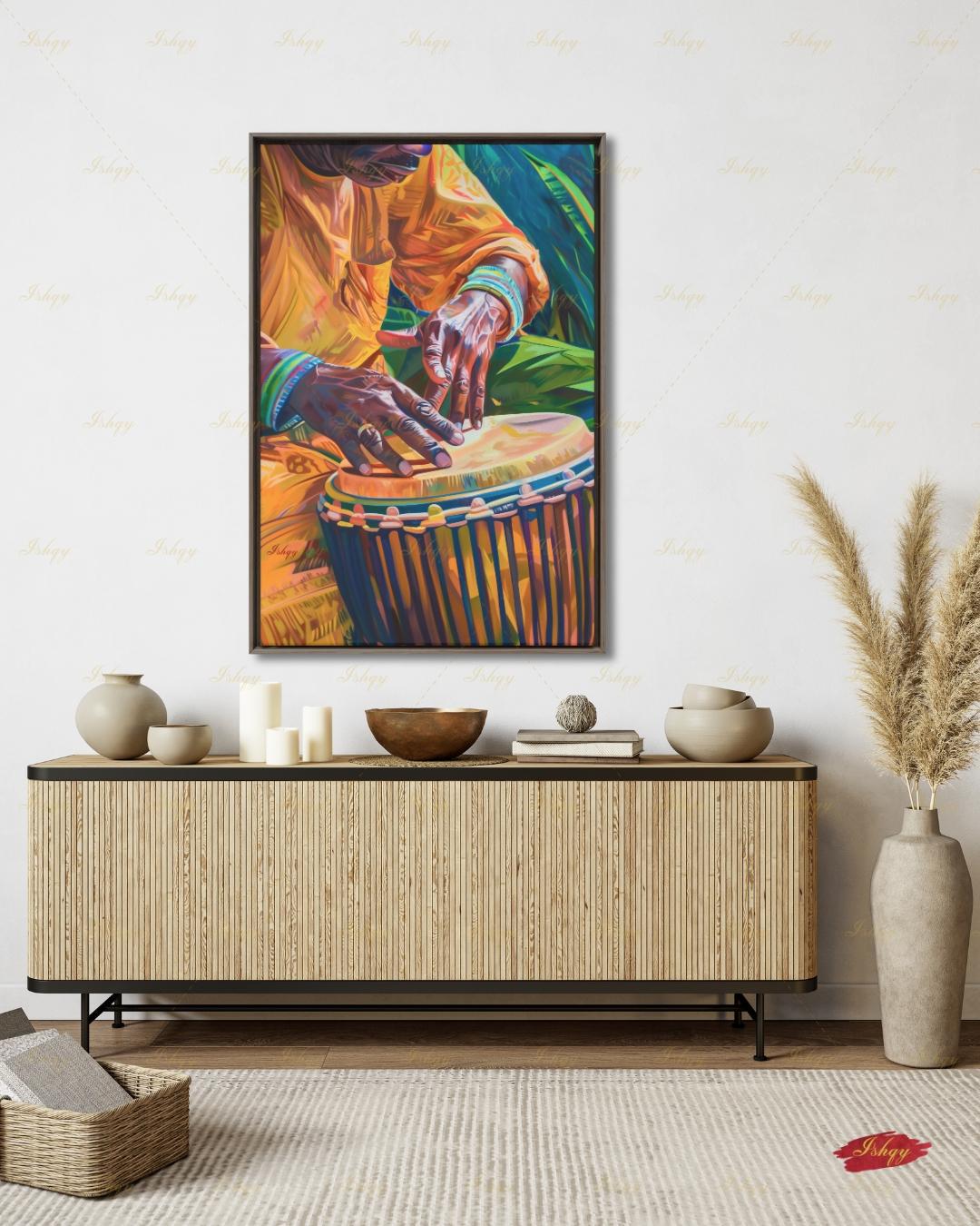 Garifuna Wall Art Canvas Print, Afro-Caribbean Drum Painting Print, Tribal Music Wall Decor, Vibrant Percussion Framed Art for Home