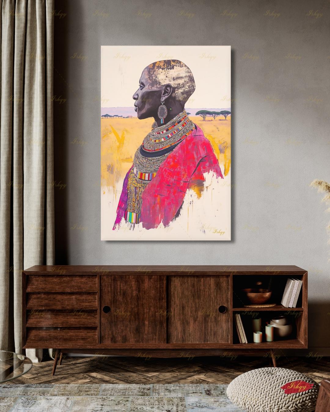 Maasai Woman Wall Art, African Woman Portrait Print, Tribal Canvas, Black Woman Art, Boho Living Room Decor, Framed Canvas, Kenya Art Gift