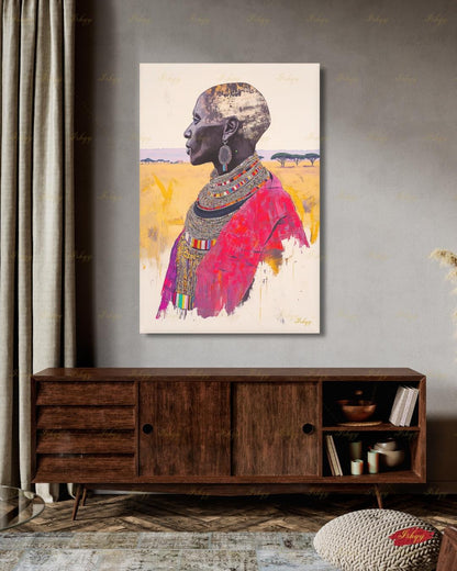Maasai Woman Wall Art, African Woman Portrait Print, Tribal Canvas, Black Woman Art, Boho Living Room Decor, Framed Canvas, Kenya Art Gift