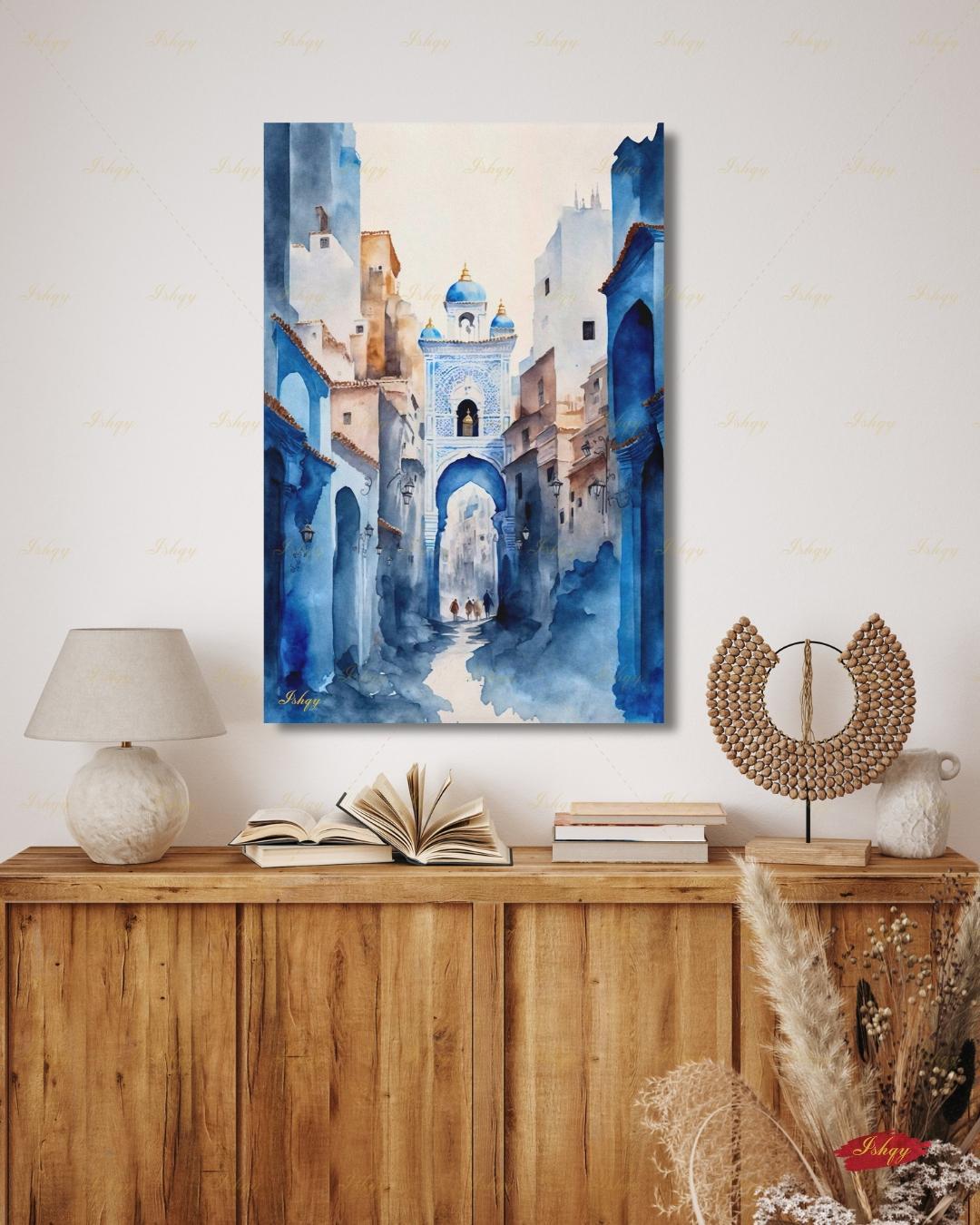 Chefchaouen Wall Art, Blue City Morocco Watercolor Print, Medina Street Canvas, Moroccan Arch Decor, Boho Framed Canvas, Travel Gift