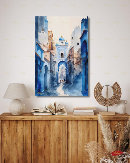 Chefchaouen Wall Art, Blue City Morocco Watercolor Print, Medina Street Canvas, Moroccan Arch Decor, Boho Framed Canvas, Travel Gift