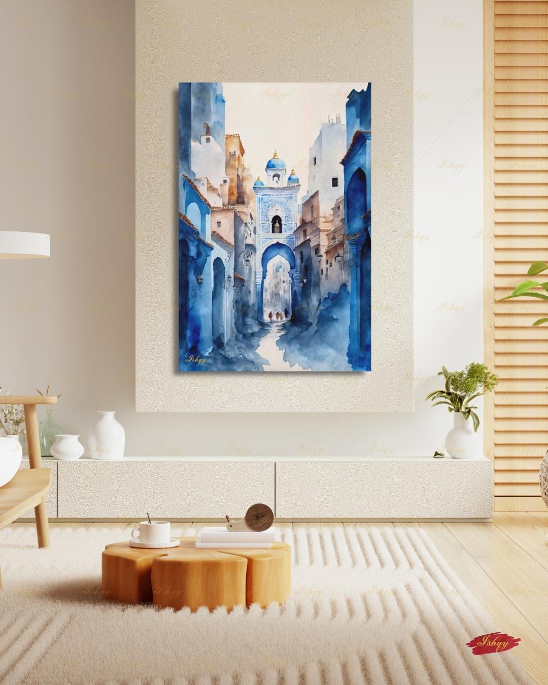 Chefchaouen Wall Art, Blue City Morocco Watercolor Print, Medina Street Canvas, Moroccan Arch Decor, Boho Framed Canvas, Travel Gift