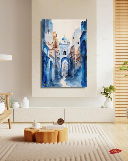 Chefchaouen Wall Art, Blue City Morocco Watercolor Print, Medina Street Canvas, Moroccan Arch Decor, Boho Framed Canvas, Travel Gift