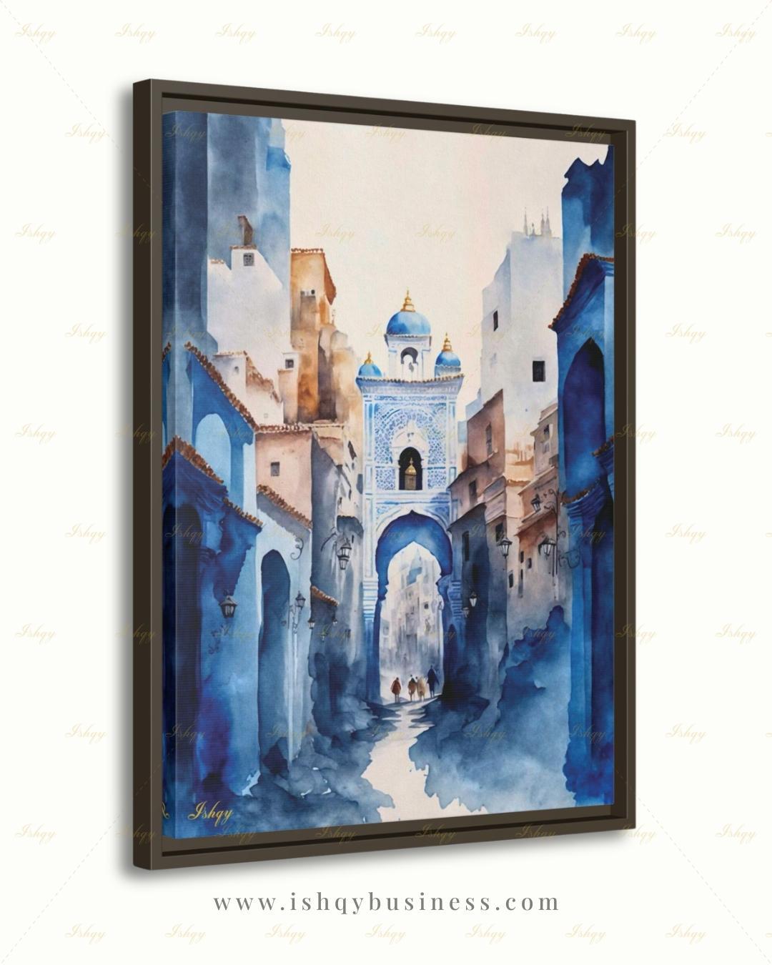 Chefchaouen Wall Art, Blue City Morocco Watercolor Print, Medina Street Canvas, Moroccan Arch Decor, Boho Framed Canvas, Travel Gift