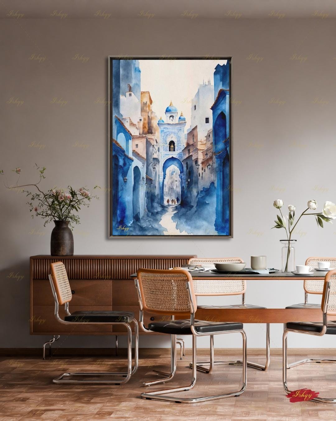 Chefchaouen Wall Art, Blue City Morocco Watercolor Print, Medina Street Canvas, Moroccan Arch Decor, Boho Framed Canvas, Travel Gift