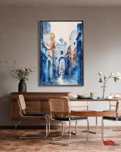 Chefchaouen Wall Art, Blue City Morocco Watercolor Print, Medina Street Canvas, Moroccan Arch Decor, Boho Framed Canvas, Travel Gift