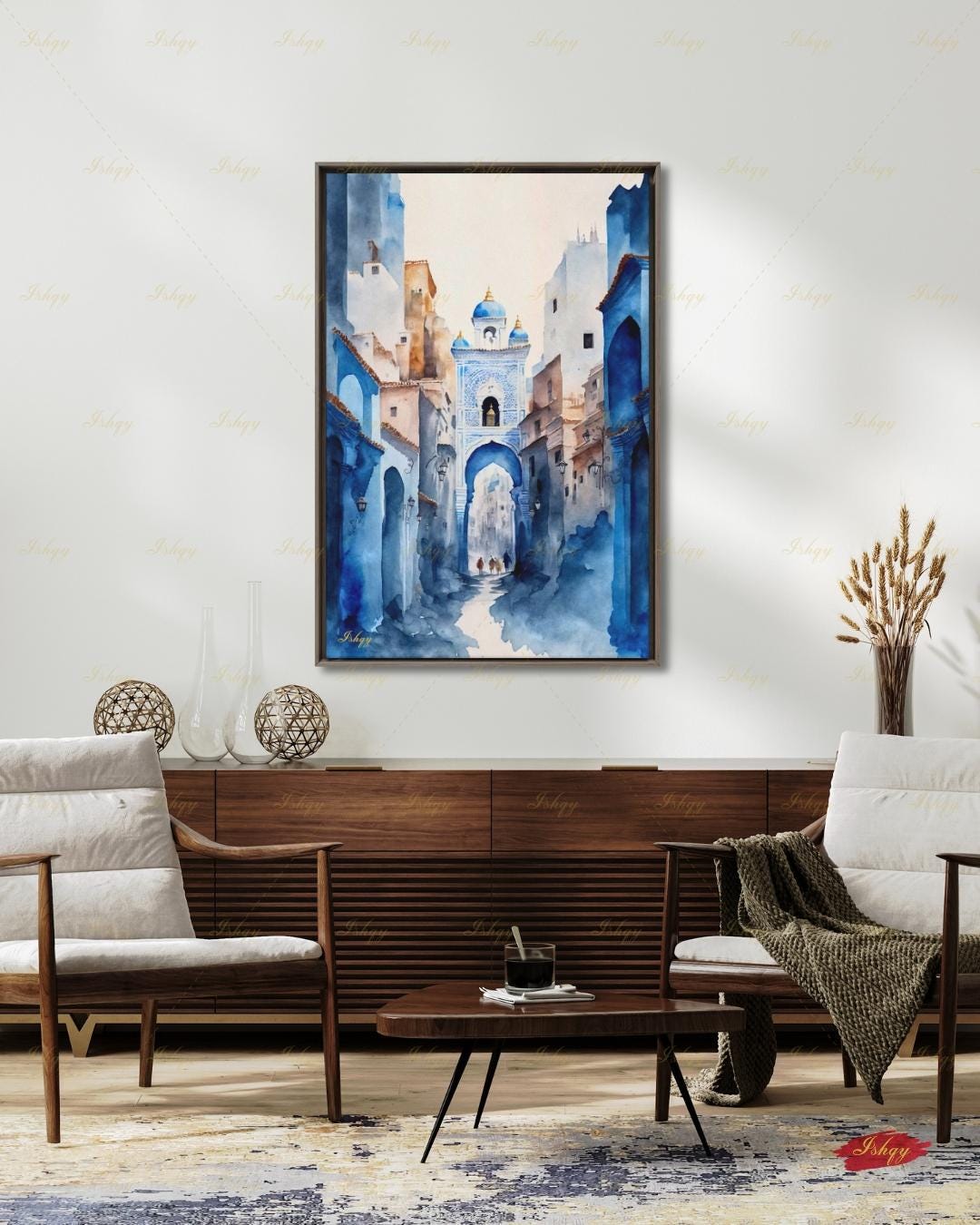 Chefchaouen Wall Art, Blue City Morocco Watercolor Print, Medina Street Canvas, Moroccan Arch Decor, Boho Framed Canvas, Travel Gift