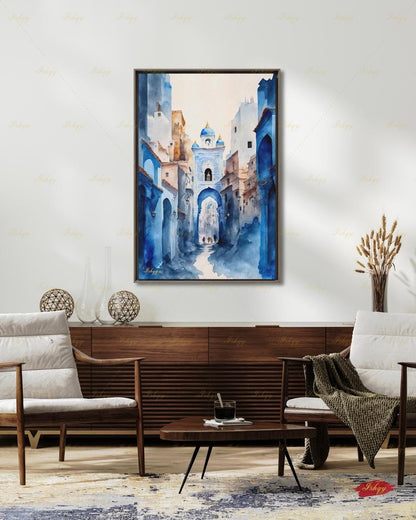 Chefchaouen Wall Art, Blue City Morocco Watercolor Print, Medina Street Canvas, Moroccan Arch Decor, Boho Framed Canvas, Travel Gift