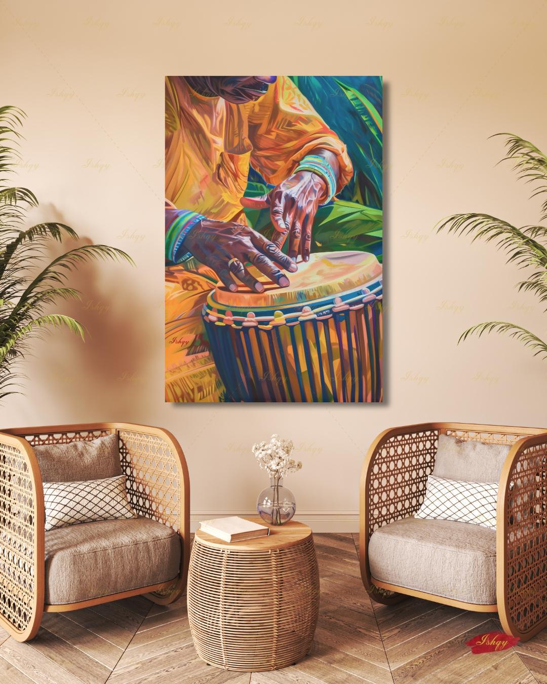 Garifuna Wall Art Canvas Print, Afro-Caribbean Drum Painting Print, Tribal Music Wall Decor, Vibrant Percussion Framed Art for Home