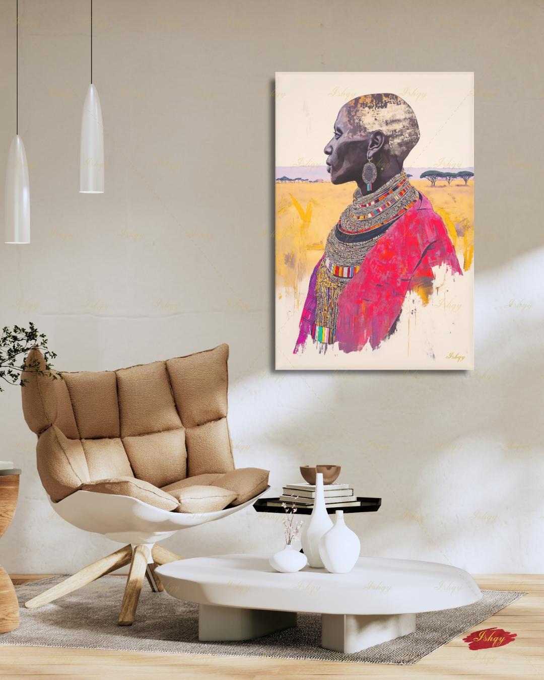 Maasai Woman Wall Art, African Woman Portrait Print, Tribal Canvas, Black Woman Art, Boho Living Room Decor, Framed Canvas, Kenya Art Gift