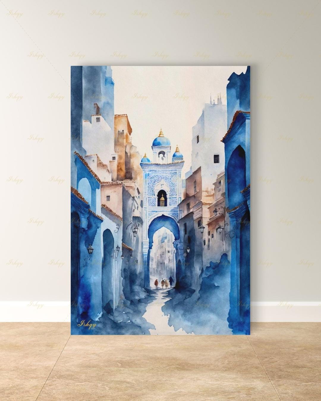 Chefchaouen Wall Art, Blue City Morocco Watercolor Print, Medina Street Canvas, Moroccan Arch Decor, Boho Framed Canvas, Travel Gift