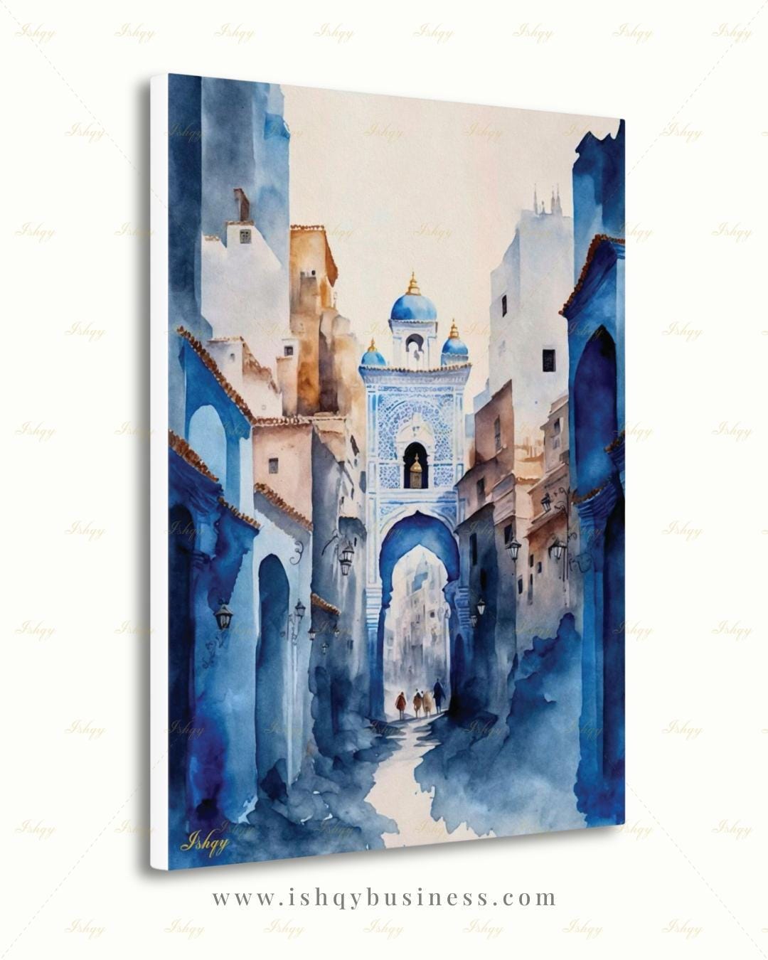 Chefchaouen Wall Art, Blue City Morocco Watercolor Print, Medina Street Canvas, Moroccan Arch Decor, Boho Framed Canvas, Travel Gift