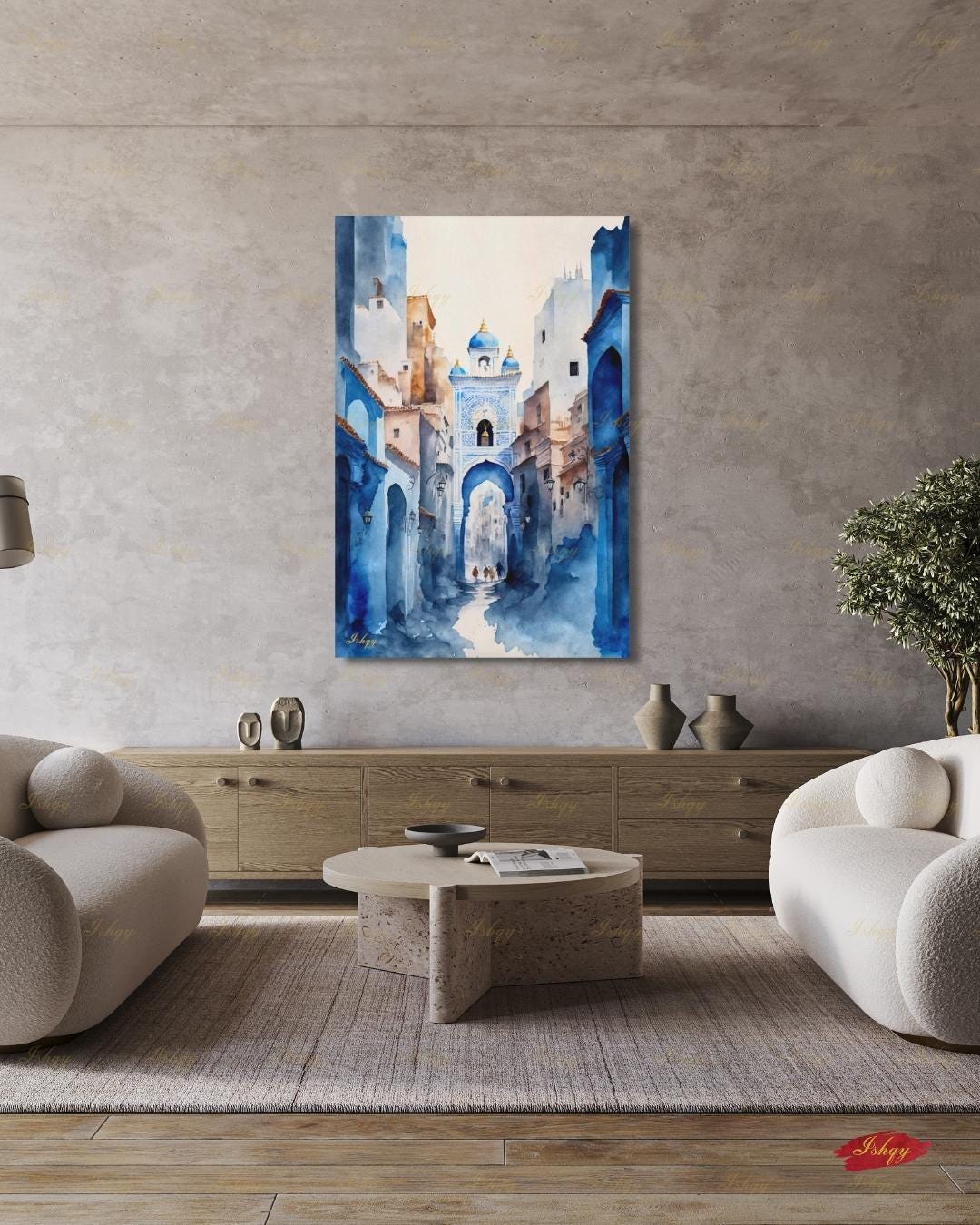 Chefchaouen Wall Art, Blue City Morocco Watercolor Print, Medina Street Canvas, Moroccan Arch Decor, Boho Framed Canvas, Travel Gift