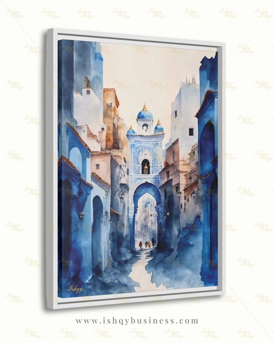 Chefchaouen Wall Art, Blue City Morocco Watercolor Print, Medina Street Canvas, Moroccan Arch Decor, Boho Framed Canvas, Travel Gift