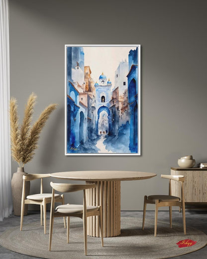 Chefchaouen Wall Art, Blue City Morocco Watercolor Print, Medina Street Canvas, Moroccan Arch Decor, Boho Framed Canvas, Travel Gift