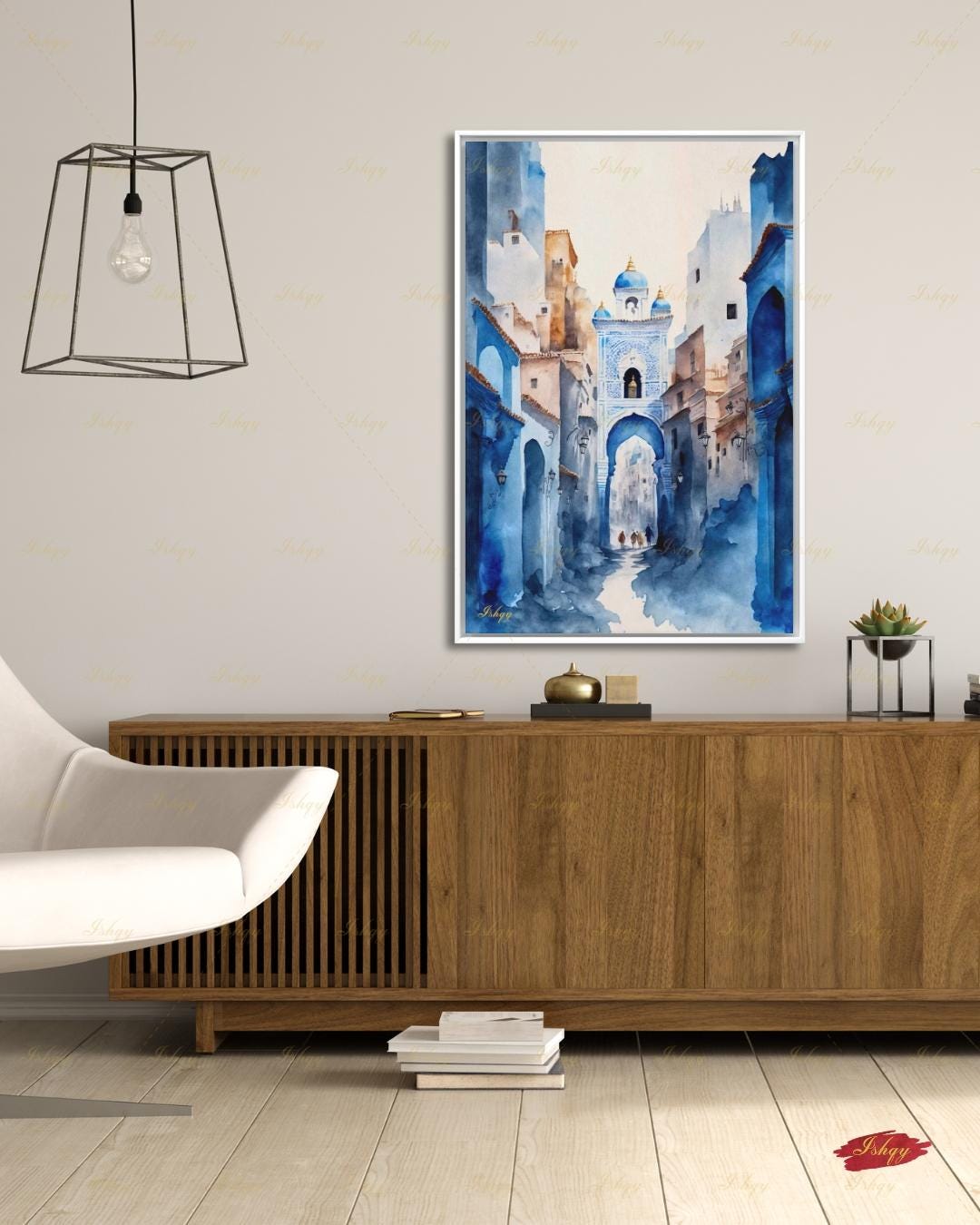 Chefchaouen Wall Art, Blue City Morocco Watercolor Print, Medina Street Canvas, Moroccan Arch Decor, Boho Framed Canvas, Travel Gift