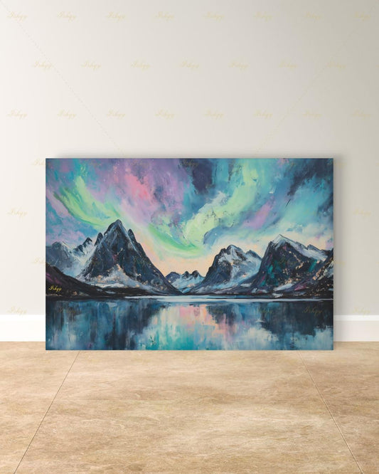 Northern Lights Wall Art, Aurora Borealis Canvas Print, Norway Mountain Lake Decor, Teal Night Sky Art, Living Room Framed Canvas Gift