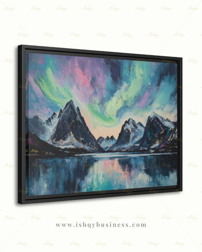 Northern Lights Wall Art, Aurora Borealis Canvas Print, Norway Mountain Lake Decor, Teal Night Sky Art, Living Room Framed Canvas Gift