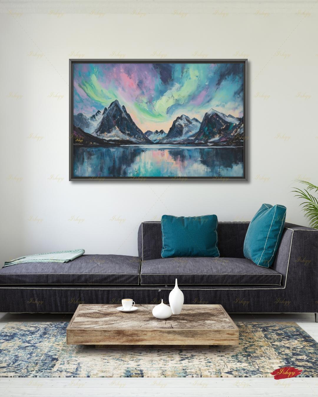 Northern Lights Wall Art, Aurora Borealis Canvas Print, Norway Mountain Lake Decor, Teal Night Sky Art, Living Room Framed Canvas Gift