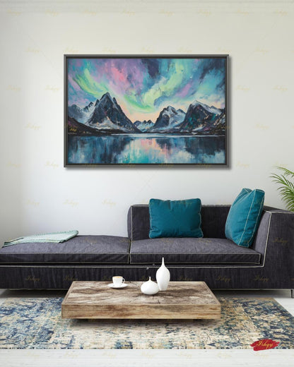 Northern Lights Wall Art, Aurora Borealis Canvas Print, Norway Mountain Lake Decor, Teal Night Sky Art, Living Room Framed Canvas Gift