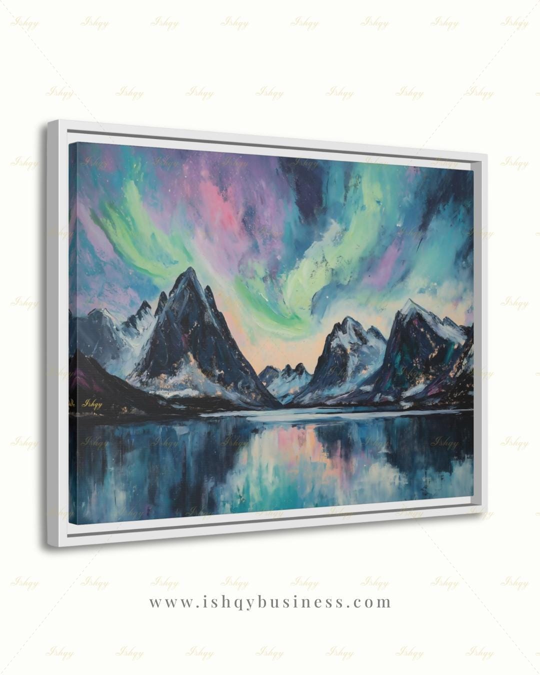 Northern Lights Wall Art, Aurora Borealis Canvas Print, Norway Mountain Lake Decor, Teal Night Sky Art, Living Room Framed Canvas Gift