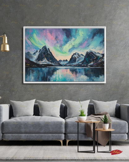 Northern Lights Wall Art, Aurora Borealis Canvas Print, Norway Mountain Lake Decor, Teal Night Sky Art, Living Room Framed Canvas Gift