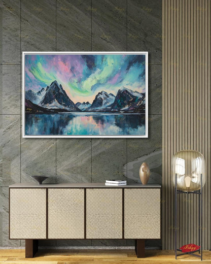 Northern Lights Wall Art, Aurora Borealis Canvas Print, Norway Mountain Lake Decor, Teal Night Sky Art, Living Room Framed Canvas Gift