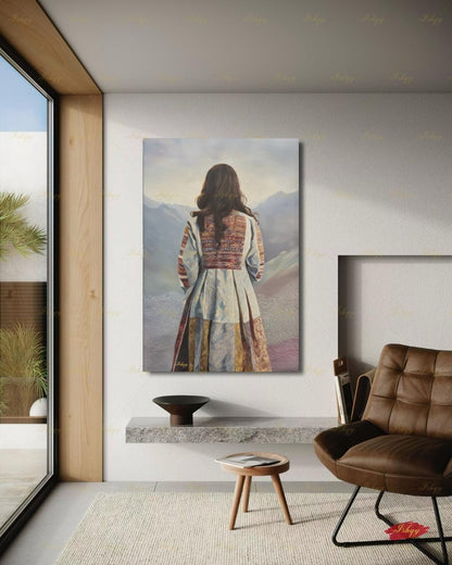 Back-view portrait of a woman with long dark wavy hair wearing a traditional Afghan embroidered dress with intricately paneled fabric in blue, rust, and earth tones, against a misty layered mountain landscape.