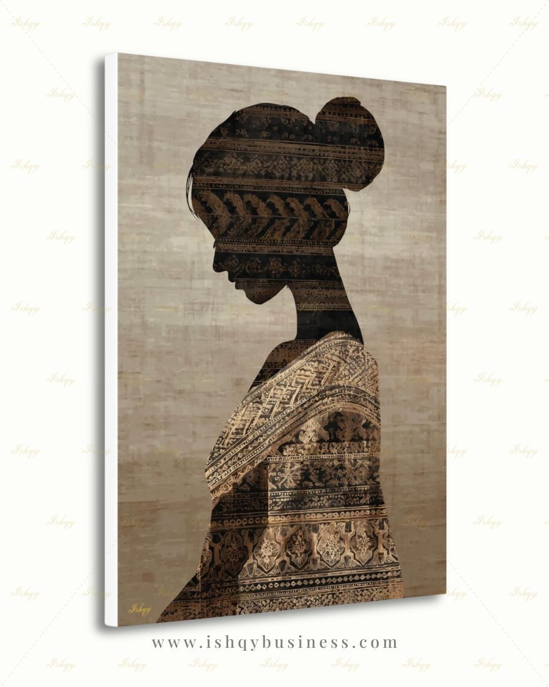 Thai Woman Wall Art, Batik Silhouette Canvas Print, Neutral Boho Southeast Asia Decor, Minimalist Cultural Portrait, Framed Canvas Gift